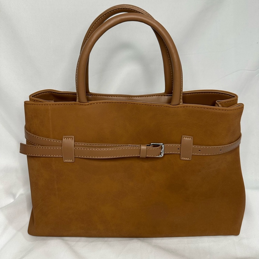 Brown faux suede handle tote handbag